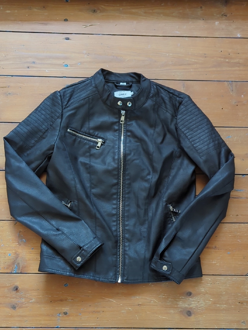 109-Only Black Faux Leather Quilted-Shoulder Moto Jacket